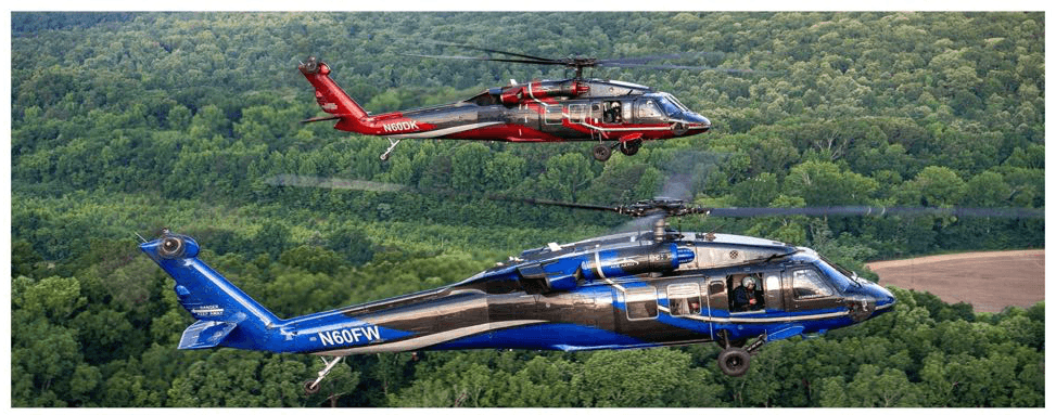 N60FW and N60DK Black Hawk helicopters in formation flight
